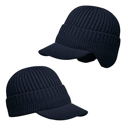 Men's Winter Hat with Brim, Warm Earflaps Hat for Men, Thick Fleece Lined Knit Winter Beanie Outdoor - color: Navy Blue