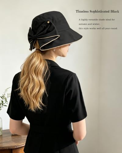 Women's Foldable Wide Brim Bowknot Bucket Hat Sun Protective - color: Black