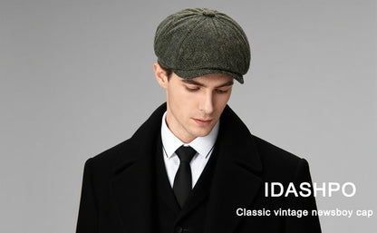 Men's Wool Newsboy Cap 8-Panel Tweed Taxi Hat Herringbone Gatsby Flat Hats - color: Green