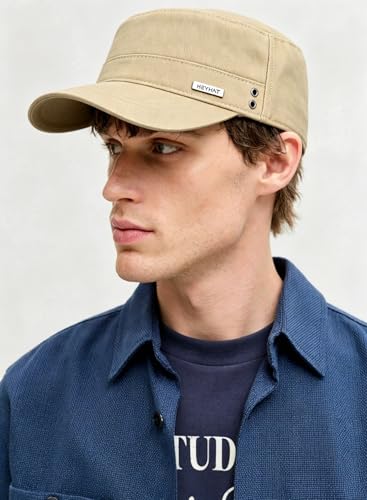 Unisex Flat Top Military Cadet Cap Outdoor Sun Hat - color: Square Label Khaki