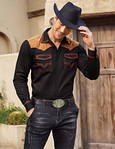 COOFANDY Men's Western Cowboy Shirt Embroidered Long Sleeve Slim Fit Casual Cotton Button Down Hippie Shirts with Pockets - color: Black, size: Medium