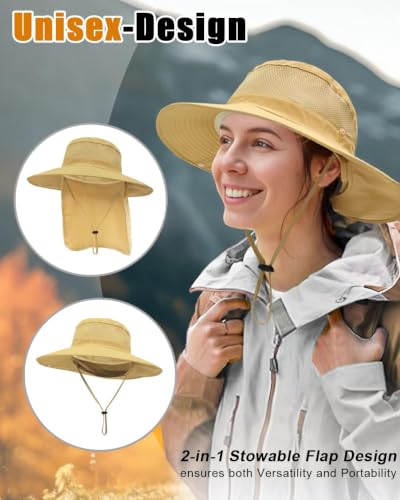 Outdoor Sun Hats with Stowable Neck Flap for Men Women UPF 50+ Mesh Summer Bucket Hat Wide Brim for Fishing Safari Hiking - color: Khaki