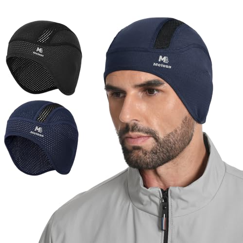 MELASA Cooling Skull Cap Helmet Liner with Ear Flaps, Breathable Mesh - color: Black & Navy Blue
