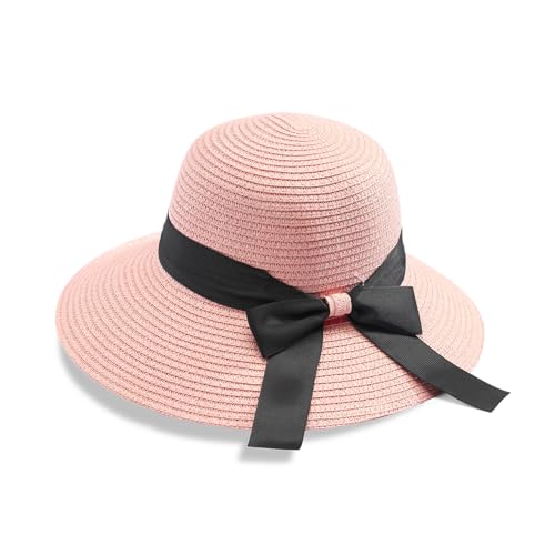 MILAKOO Straw Mesh Buckle Hat Ribbon Bow Cap Strap Foldable Roll Up Cap Sun Protection Hat for Travel - color: 01 Pink