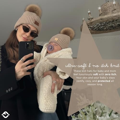 Funky Junque Mommy & Me Pom Pom Beanies Set – Infant Baby & Mom Matching Winter Outfits, Warm Newborn & Women's Beanie Hats - color: Diagonal Basketweave - Beige