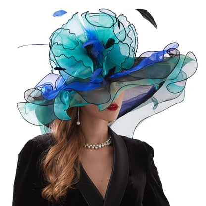 Women Elegant Organza Derby Hat Wide Brim Sun Hats for Wedding Tea Party Fascinator Hat - color: Blue