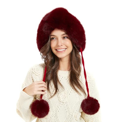 Winter Hats Cute Kint Hat Russian Fur Crochet Hat Slouchy Beanies with Pompom Warm Fuzzy Snow Cap Trapper Hat for Women - color: Wine