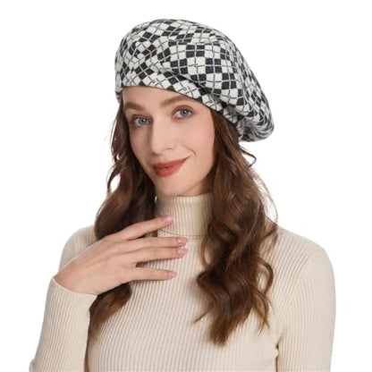 ZLYC Women French Beret Hat Reversible Knit Thickened Warm Artist Cap - color: Checkered White