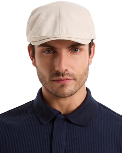 ZLYC Men Cotton Flat Cap Summer Scally Newsboy Beret Driver Hat - color: Back Buckle Beige