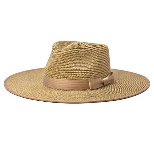 FLUFFY SENSE. Unisex Wide Brim Sun Hat Straw Panama Rancher Fedora Hat for Men Beach Hat for Women - color: Brown, size: Large