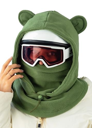 Fleece Balaclava Over Helmet - Warm Helmet Ninja Hood - Snowboard Hooded Hat Neck Gaiter Ski Mask - color: Pinegreen-earsup, size: One Size