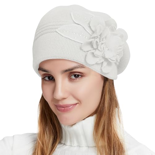 Flower Women Beret, Double Layer Thickened Winter Knitted Beanie Beret Hat, Stylish French Dress Beret Hats for Women - color: White