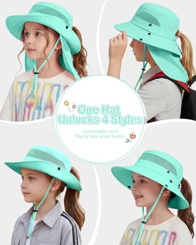 Century Star Kids Sun Hat with Ponytail Hole & Detachable Neck Flap UPF50+ Quick Dry Girls Bucket Hat for Outdoor Beach - color: Lake Blue