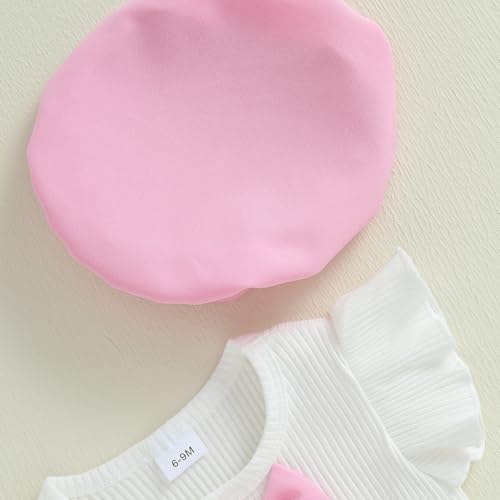 Baby Girls Fly Sleeve 3D Bow Rib Knit Shirt + Irregular Skorts + Beret Hat - color: Pink, size: 9-12 Months