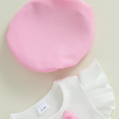 Baby Girls Fly Sleeve 3D Bow Rib Knit Shirt + Irregular Skorts + Beret Hat - color: Pink, size: 9-12 Months