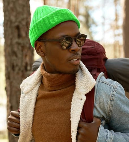 Fisherman Short Beanie Leon Roll up Trawler Classic Skullcap Hipster Beanie Warm Winter Hats Acrylic Ribbed Knit Cuff Daily - color: Neon Green