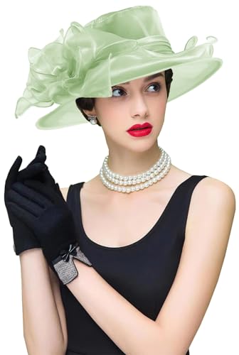 Women's Kentucky Derby Church Dress Hat Wide Brim Leaf Flower Bridal Shower Hat - color: S11-mint Green