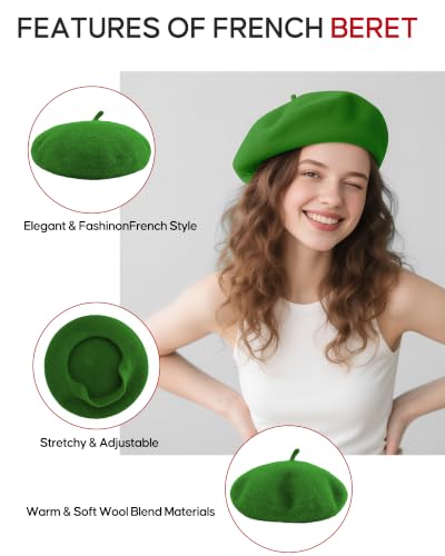 French Beret Hats for Women - Wool Solid Color Beanie Cap - color: Apple Green