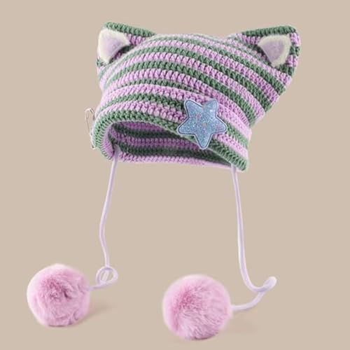 Women Kawaii Cat Ear Beanie Hat with Star Pom Poms Y2K Cute Crochet Goth Grunge Emo Alt Accessories Knit Slouchy Hat - color: Purple Green