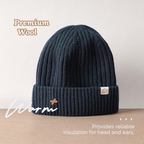Hat Hut Wool Beanie Satin Lined Winter Hats Slouchy Beanie with Silk Lining Warm Wool Knit Ski Hat Cuffed Cap Women Men - color: Navy Blue