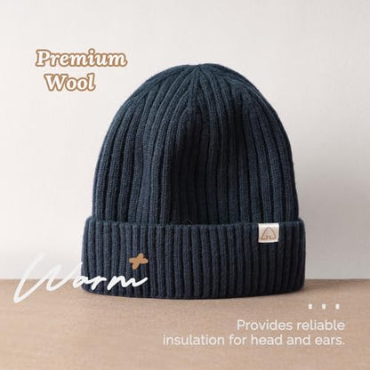 Hat Hut Wool Beanie Satin Lined Winter Hats Slouchy Beanie with Silk Lining Warm Wool Knit Ski Hat Cuffed Cap Women Men - color: Navy Blue