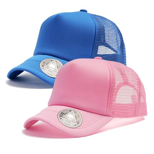 2-Pack Classic Foam Trucker Hat Summer Mesh Hat Lightweight Adjustable Back Buckle Strap - color: Pink/Blue