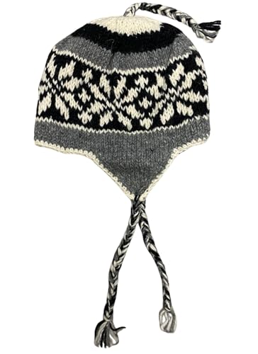 Wool Hand Knit Unisex Fleece Lined Ear Flap Beanie Sherpa Cap Hat Nepal - color: Gray Snowflake