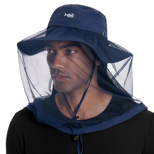 BASSDASH UPF 50+ Mosquito Sun Hat with Hidden Head Net and Neck Flap for Men Women Outdoor Fishing Hiking Camping - color: Navy Blue