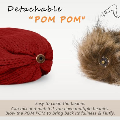 ZOORON Womens Winter Knitted Beanie Hat with Faux Fur Pom Beanie Warm Knit Skull Cap Beanie for Women - color: 1wine Red