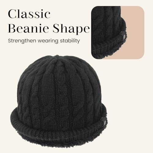 Winter Warm Beanie Hat for Women Men, Thick Cable Knit Cuffed Beanie - color: Black