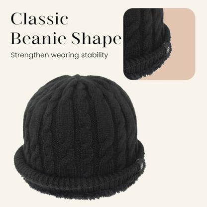 Winter Warm Beanie Hat for Women Men, Thick Cable Knit Cuffed Beanie - color: Black