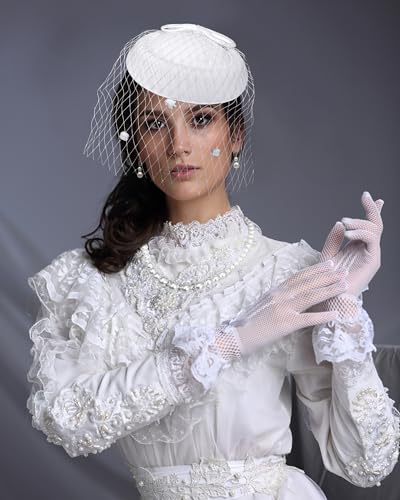 Pillbox Hat with Veil Vintage Fascinators for Women Tea Party Bridal Wedding Halloween First Communion Hats - color: Zz-white Set