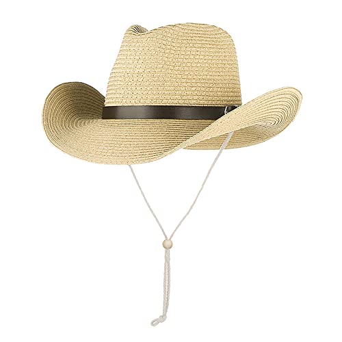 Straw Cowboy Hat for Women Men Classic Western Cowgirl Cap Foldable Sunhat Shapeable Fedora Panama Cap Wide Brim Beach Hat - color: Beige