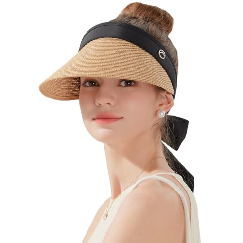 Women's Sun Visor Hats Wide Brim Straw Beach Hat Ponytail Hats for Women Foldable Floppy - color: 1pack-khaki Ribbon