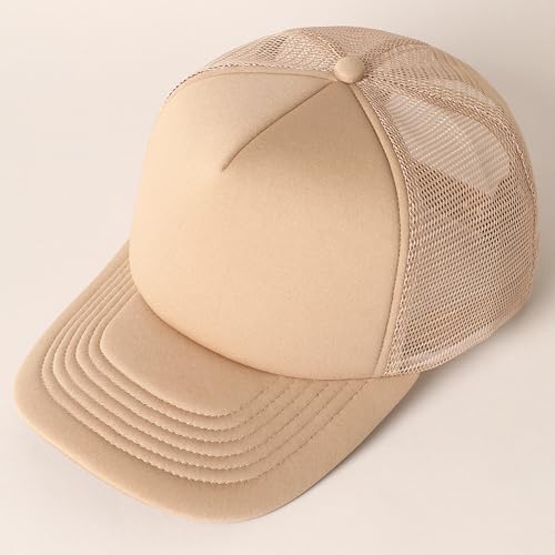 MIRMARU 5 Panels Blank Foam Front Two Tone Solid Trucker Mesh Back Baseball Cap with Adjustable Snapback Strap - color: Solid-khaki