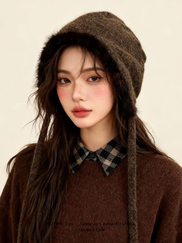 Women Winter Fleece Beanies Hat with Ear Flaps Soft Warm Crochet Skull Cap - color: B Coffee