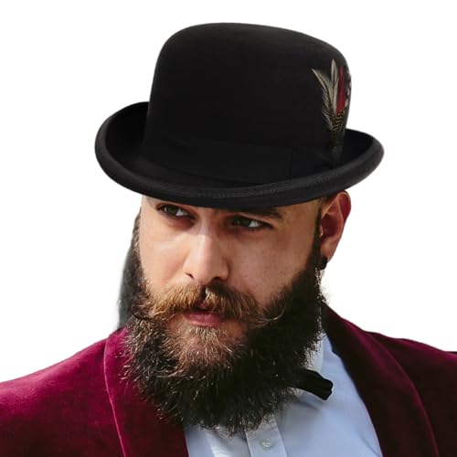 Men's Wool Fedora Hats Women Felt Bowler Derby Hat with Feather - color: Black, size: Large