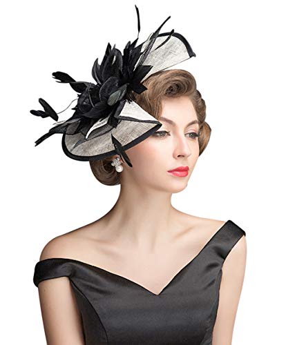 Z&X Sinamay Fascinator Hat Floral Feather Pillbox Derby Hats for Women Wedding Tea Party with Headband Clip - color: 006a Black and White