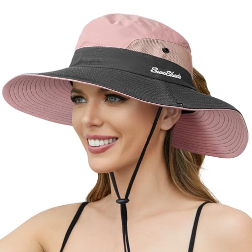 Womens Sun Hat with Ponytail Hole, UV Protection Foldable Beach Fishing Hat - color: Pink & Grey