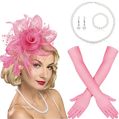 Yaomiao 5 Pcs 1920s Tea Party Accessories Fascinator Hat Gloves - color: Pink