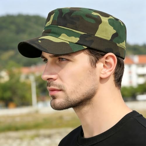 Men's Military Cadet Hat Flat Top Newsboy Cap - color: C - Olive Green ( Camo )