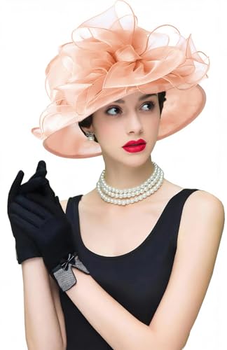 Organza Fascinator Hat - Women’s Wide Brim Church Bridal Tea Party Wedding Hat - color: 01a-peach Pink