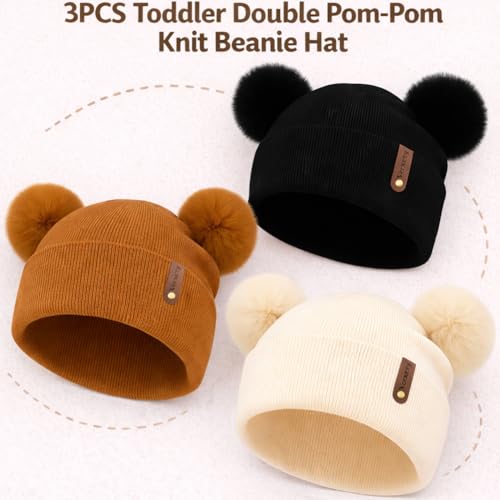 Toddler Winter Beanie Hats 3 Pack – Double Pom Pom Soft Knitted Hats for Baby Boys Girls 6–36 Months - color: Beige+black+caramel
