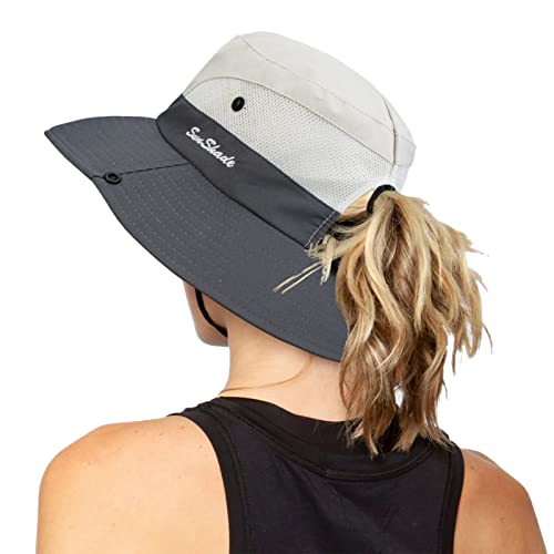 Women's Outdoor-UV-Protection-Foldable-Sun-Hats-Wide-Brim Hat Ponytail-Hole - color: Beige/Grey