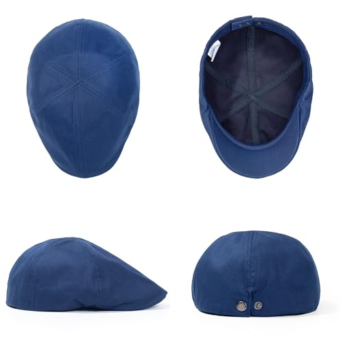 Men's 100% Cotton Newsboy Cap, Adjustable Ivy Cabbie Flat Hat, Soft Lightweight for Golf Camping Daily Wear - color: Blue, size: Large