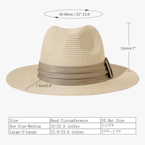Lanzom Women Wide Brim Straw Panama Roll up Hat Fedora Beach Sun Hat UPF50+ - color: Khaki, size: One Size-Medium
