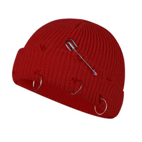 Distressed Ring Beanie Hat for Women Men Slouchy Skull Cap - color: Red