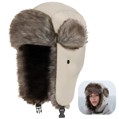 Cozy Plush Winter Hats Men Women Trapper Trooper Hat with Earflaps Windproof Russian Ushanka Hats Outdoor Skiing Cap - color: Beige-a