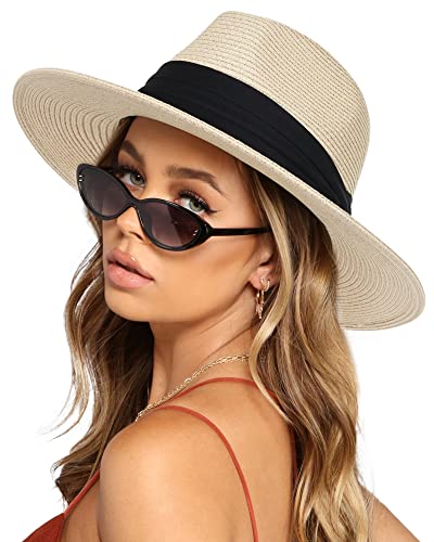 FURTALK Womens Mens Wide Brim Straw Panama Hat Fedora Summer Beach Sun Hat - color: Ab-beige, size: Medium-Large