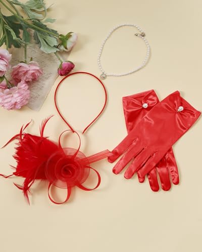 2Pcs 50s Fascinators Hats for Women Wedding Cocktail Flower Mesh Ribbons Feathers Church Tea Party Hats and Lace Glove - color: Red